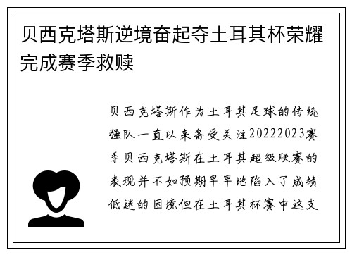 贝西克塔斯逆境奋起夺土耳其杯荣耀完成赛季救赎 贝西克塔斯逆境奋起夺土耳其杯荣耀完成赛季救赎