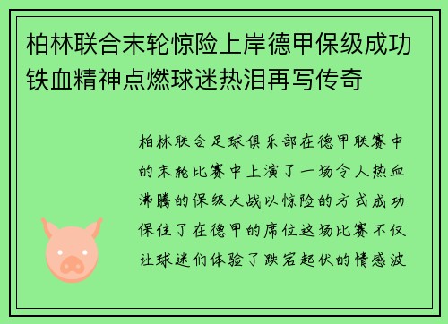 柏林联合末轮惊险上岸德甲保级成功铁血精神点燃球迷热泪再写传奇 柏林联合末轮惊险上岸德甲保级成功铁血精神点燃球迷热泪再写传奇