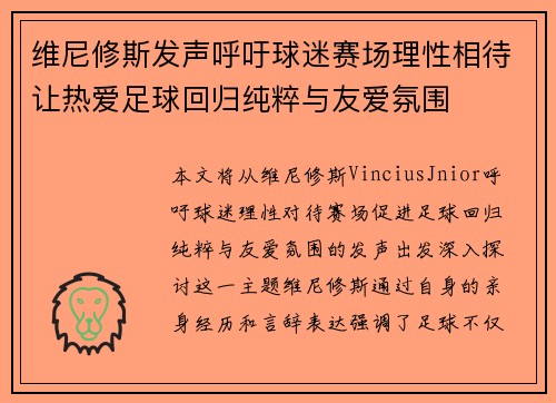 维尼修斯发声呼吁球迷赛场理性相待让热爱足球回归纯粹与友爱氛围